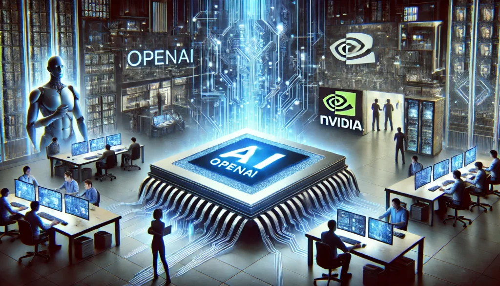 A futuristic digital illustration depicting OpenAI's development of its own AI chip. In the foreground, a sleek and advanced AI chip labeled OpenAI